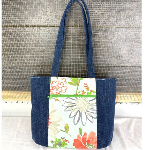 Handmade Upcycled Denim Tote Bag, linened with cotton materials. - Picture 1 of 11